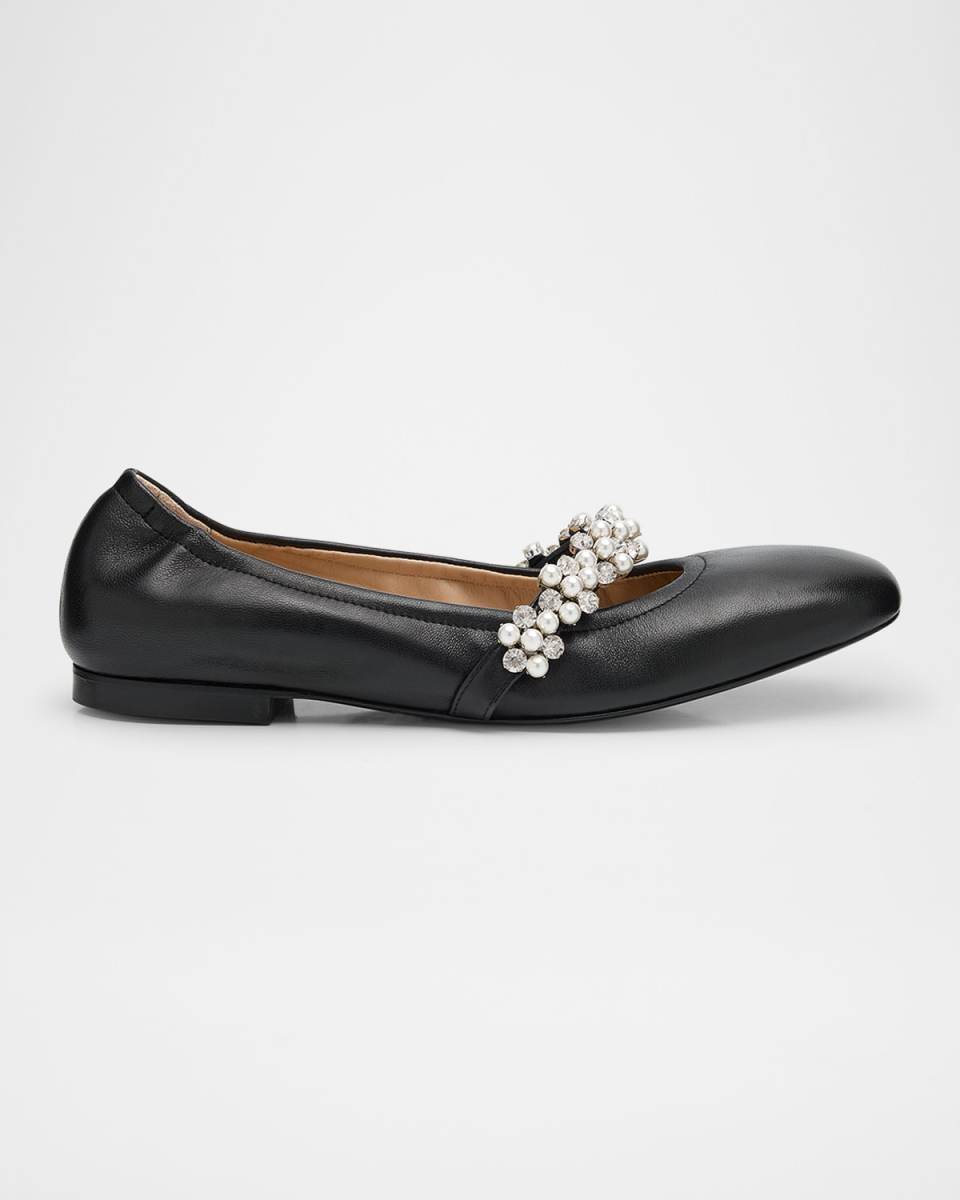 Poppy Leather Embellished Mary Jane Ballerina Flats